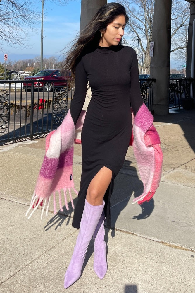 Black Ribbed Mock Neck Side Slit Maxi Dress