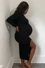 Black Ribbed Mock Neck Side Slit Maternity Maxi Dress
