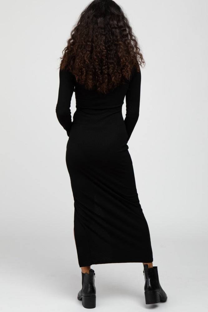 Black Ribbed Mock Neck Side Slit Maternity Maxi Dress Small Black Ribbed Mock Neck Side Slit Maternity Maxi Dress Small