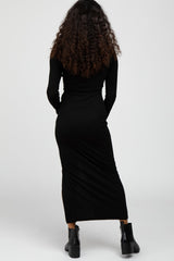 Black Ribbed Mock Neck Side Slit Maxi Dress