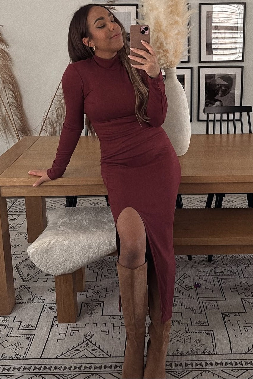 Burgundy Ribbed Mock Neck Side Slit Maxi Dress Burgundy Ribbed Mock Neck Side Slit Maxi Dress