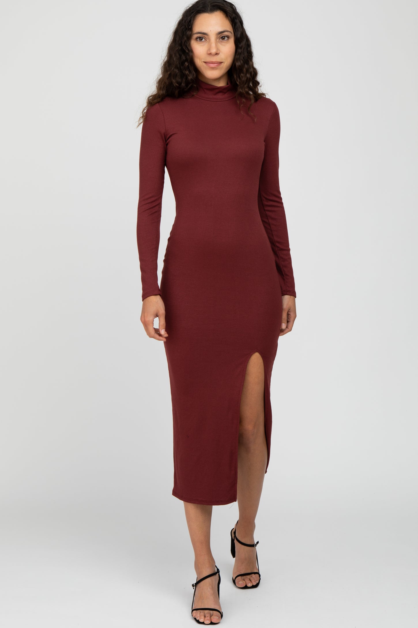 Burgundy Ribbed Mock Neck Side Slit Maternity Maxi Dress Burgundy Ribbed Mock Neck Side Slit Maternity Maxi Dress