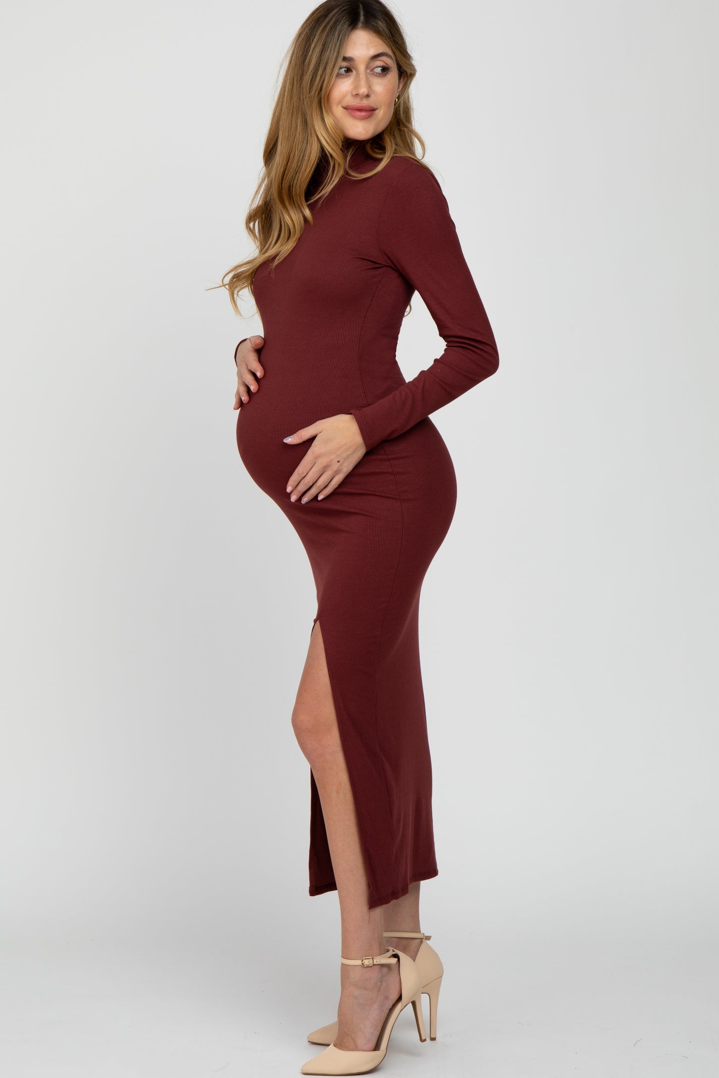 Burgundy Ribbed Mock Neck Side Slit Maternity Maxi Dress PinkBlush Burgundy Ribbed Mock Neck Side Slit Maternity Maxi Dress PinkBlush