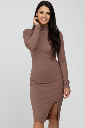 Mocha Ribbed Mock Neck Front Slit Dress