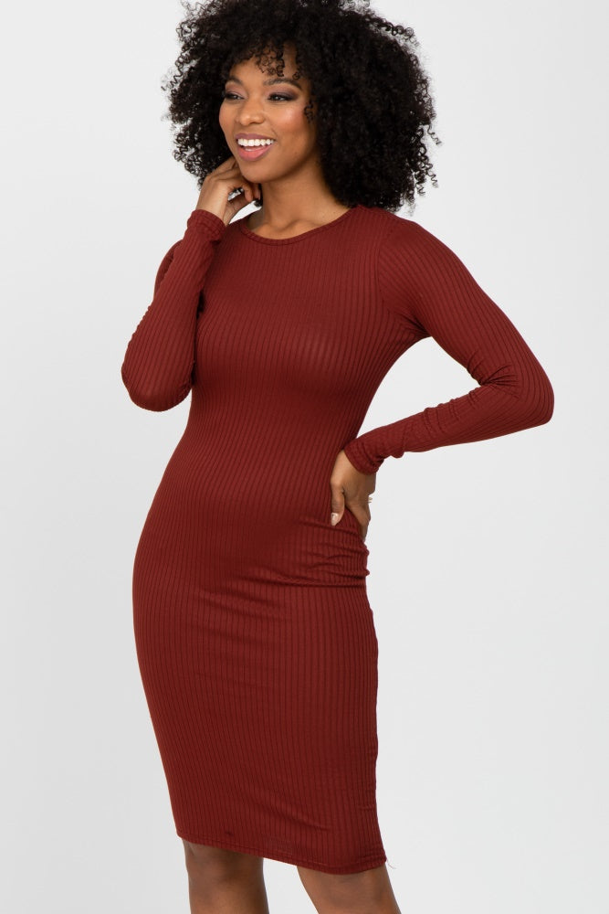 Burgundy Ribbed Fitted Long Sleeve Maternity Dress Large