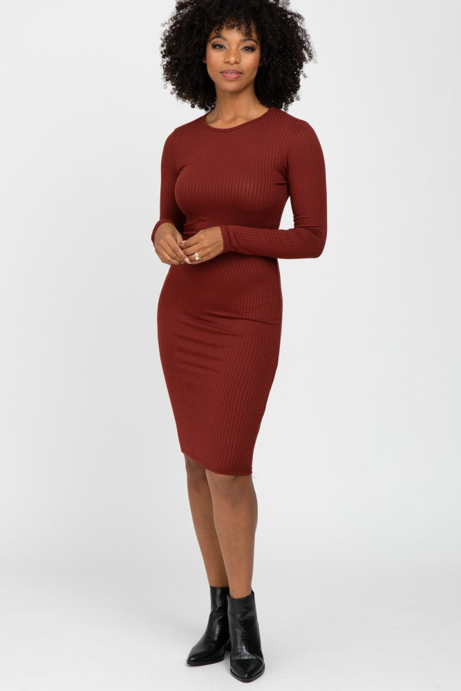 Burgundy Ribbed Fitted Long Sleeve Maternity Dress Large Burgundy Ribbed Fitted Long Sleeve Maternity Dress Large