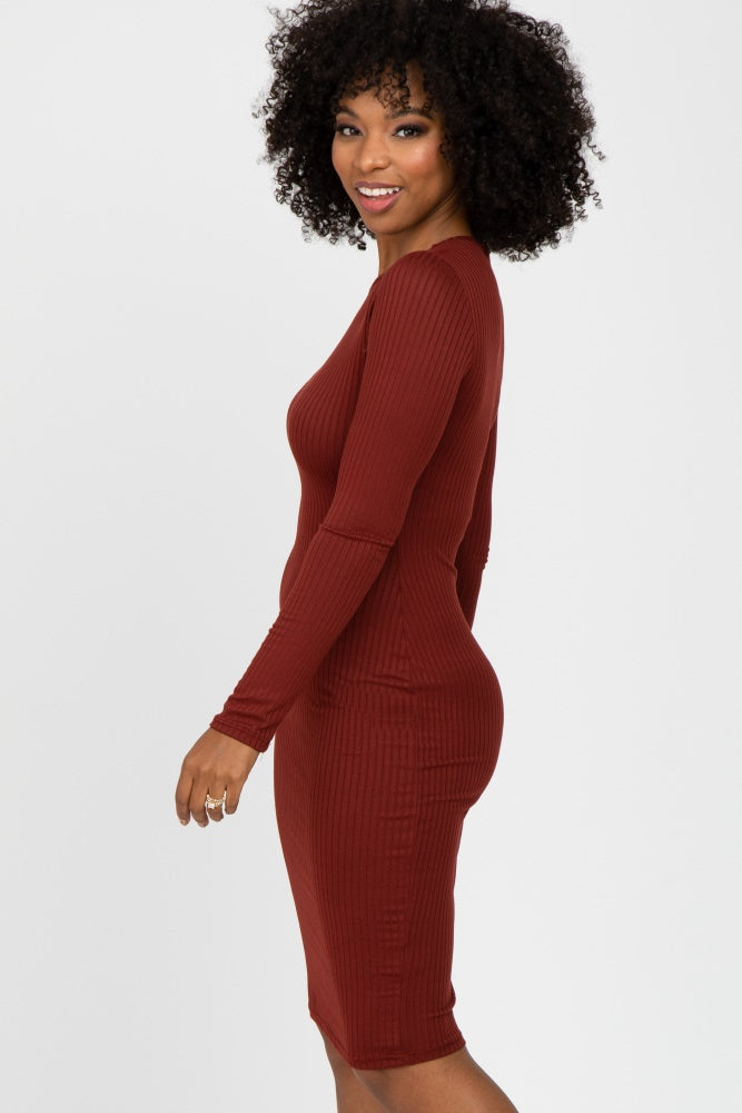 Burgundy Ribbed Fitted Long Sleeve Dress