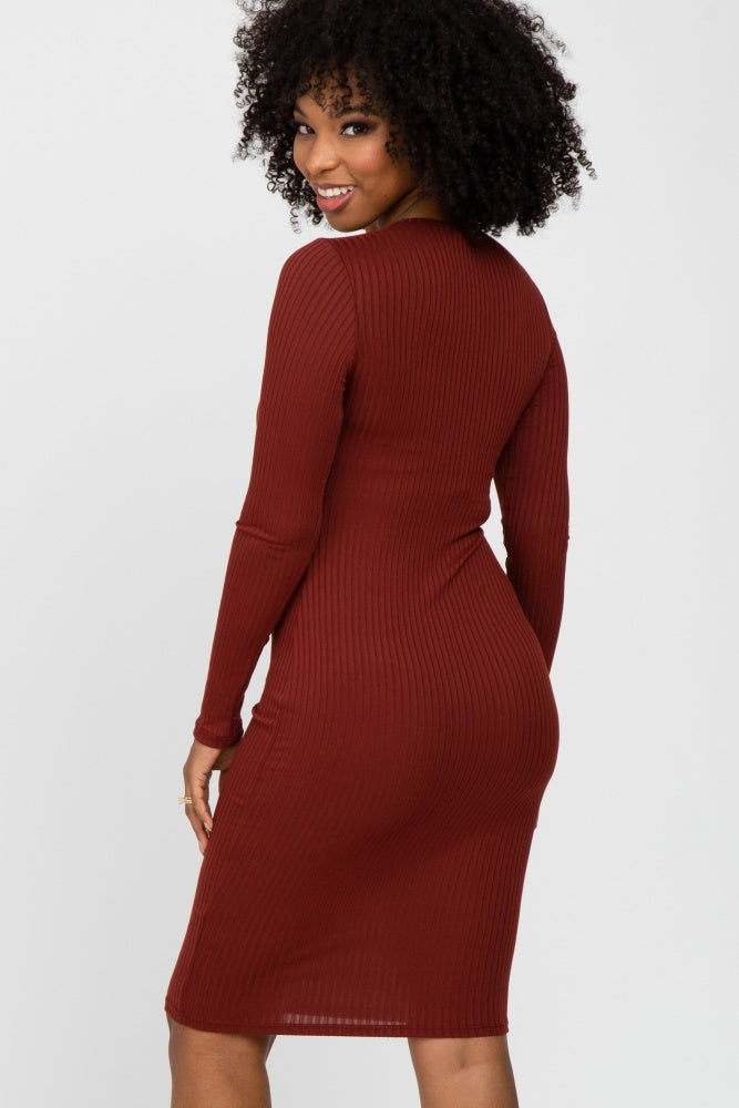 Burgundy Ribbed Fitted Long Sleeve Maternity Dress Large Burgundy Ribbed Fitted Long Sleeve Maternity Dress Large