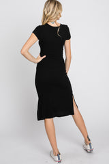 Black Brushed Ribbed Midi Dress
