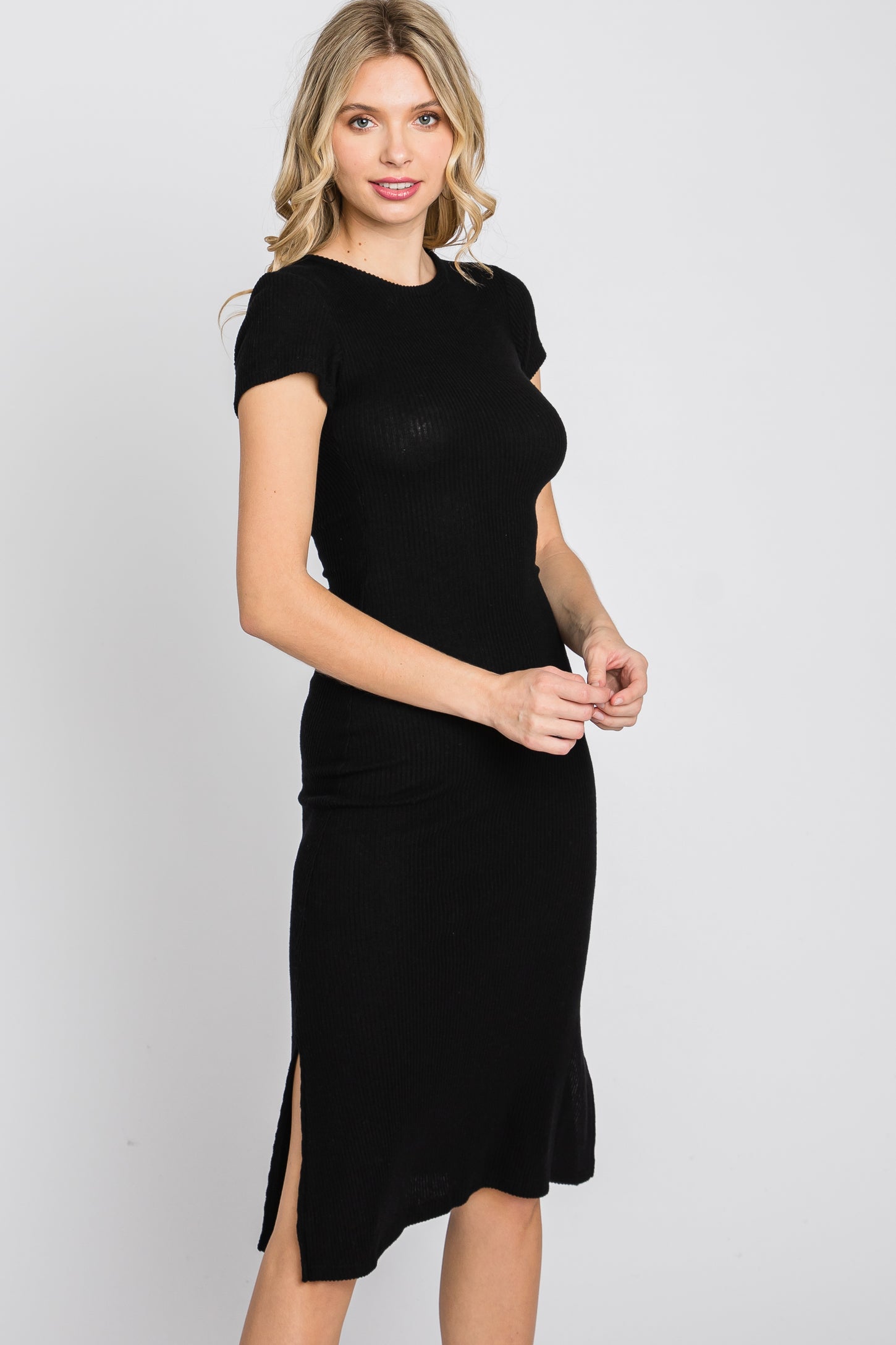 Black Brushed Ribbed Midi Dress