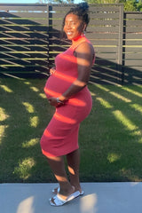 Coral Ribbed Mock Neck Maternity Dress