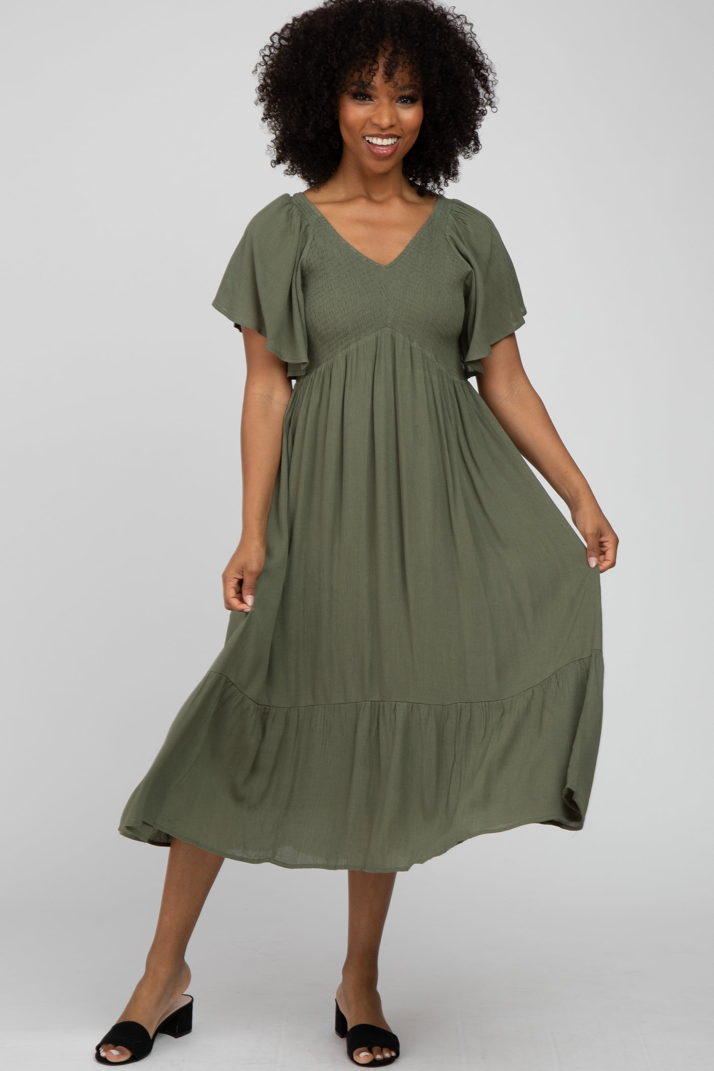PinkBlush Olive Smocked Ruffle Maternity Dress Medium