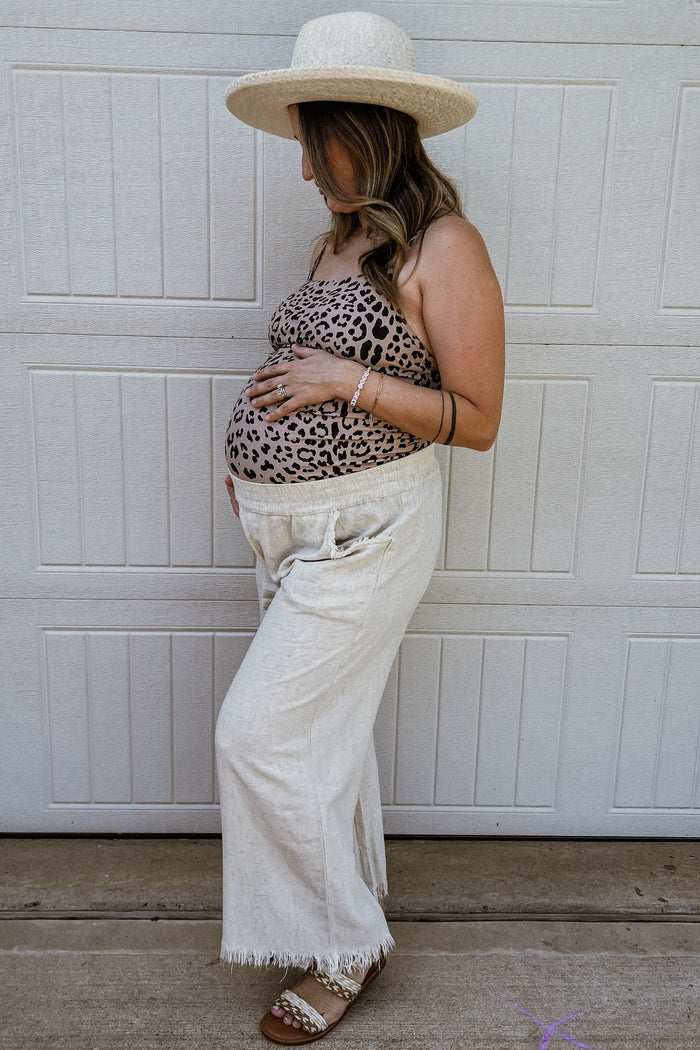 Cream Linen Frayed Hem Crop Maternity Pants