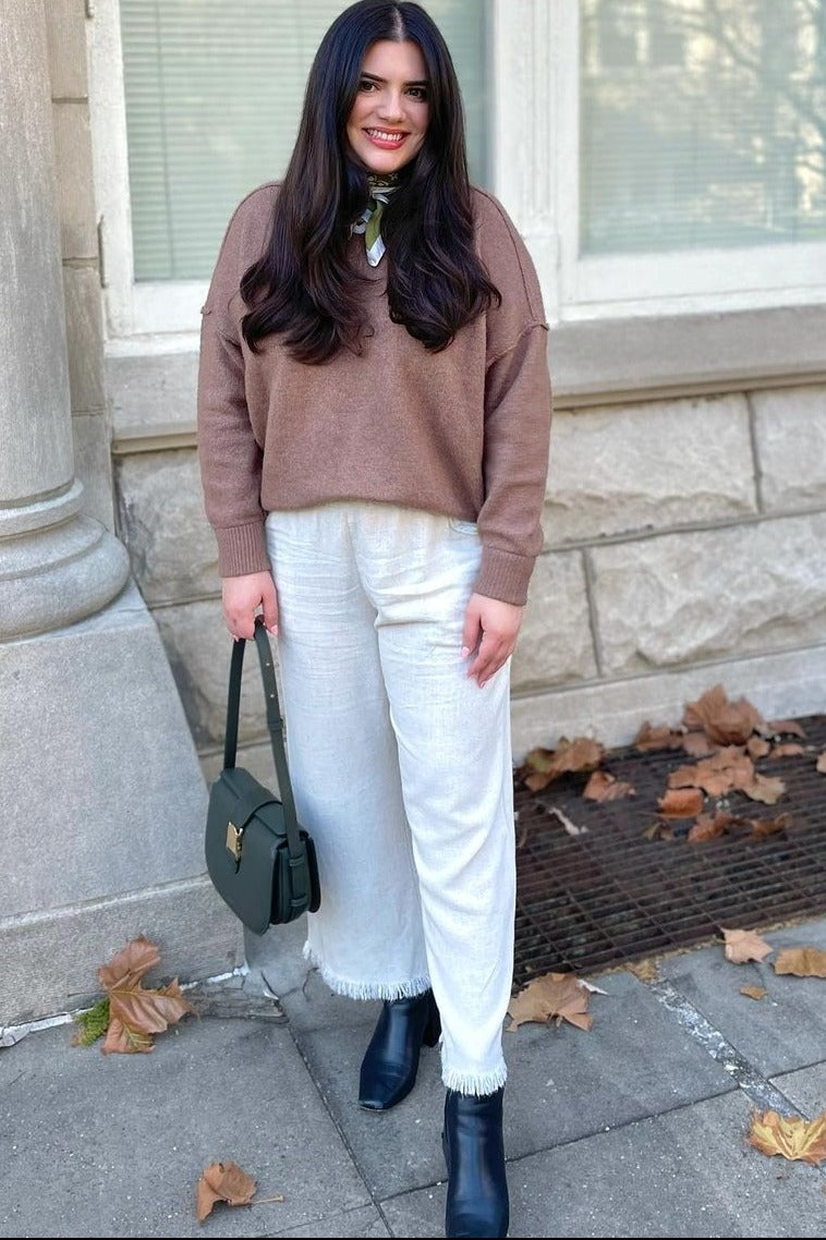 Cream Linen Frayed Hem Crop Pants