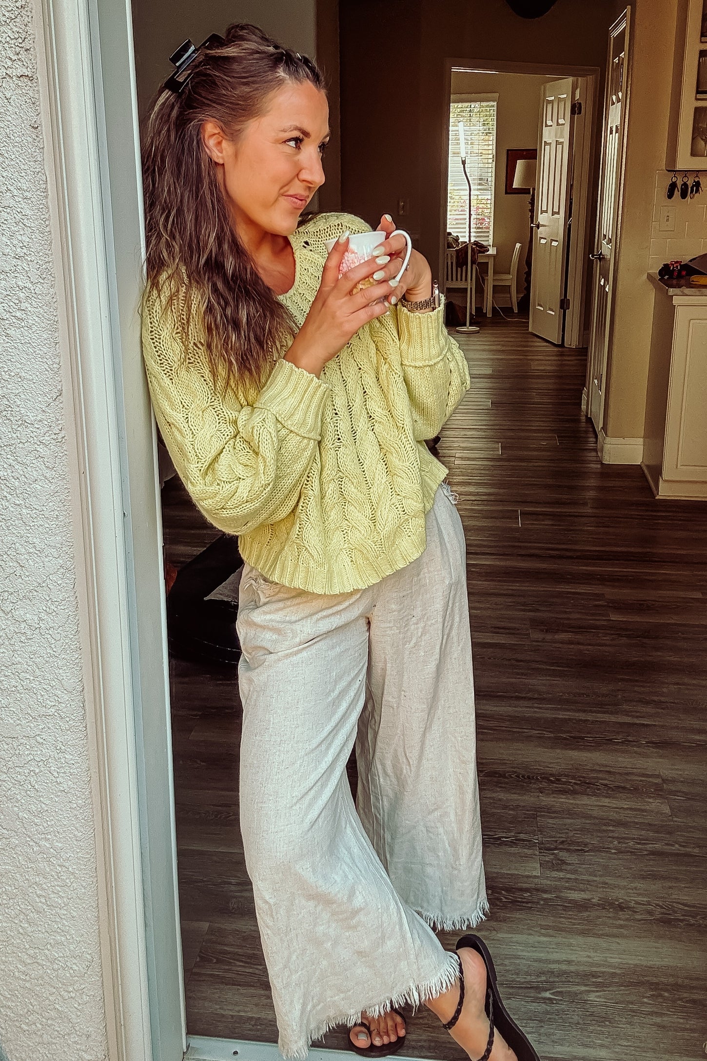 Cream Linen Frayed Hem Crop Pants