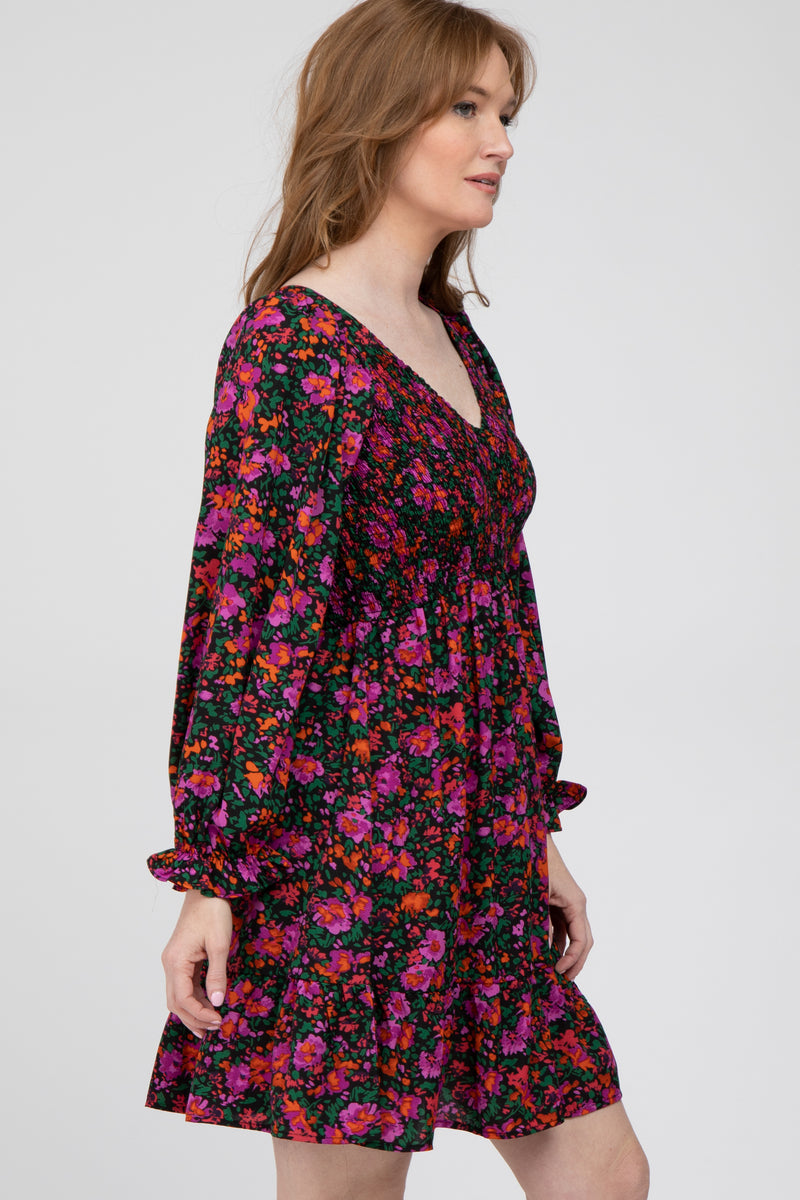 Black Floral Smocked Front Ruffle Trim Dress – PinkBlush