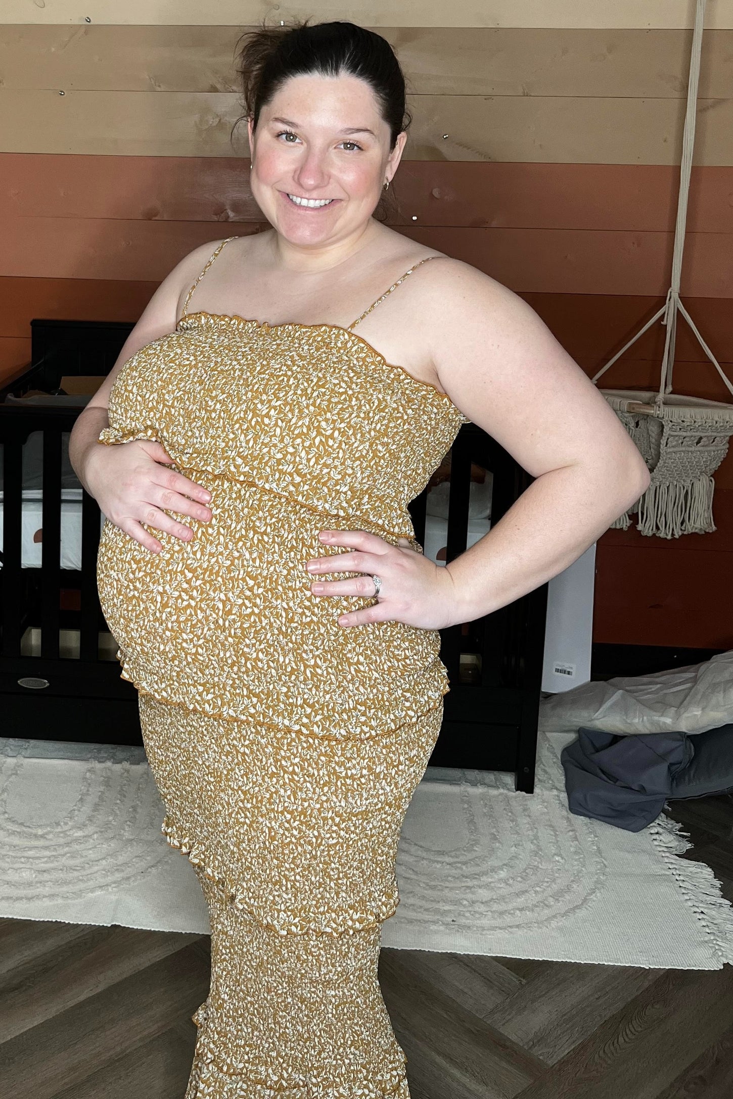 Mustard Leaf Print Smocked Fitted Maternity Midi Dress