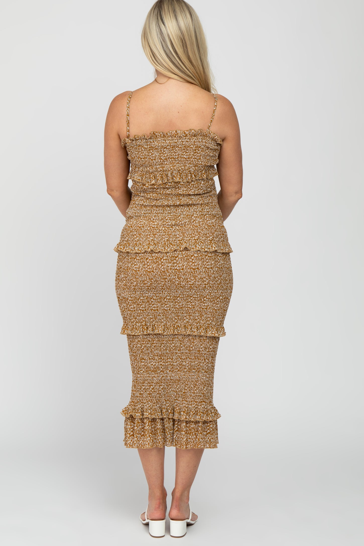 Mustard Leaf Print Smocked Fitted Maternity Midi Dress