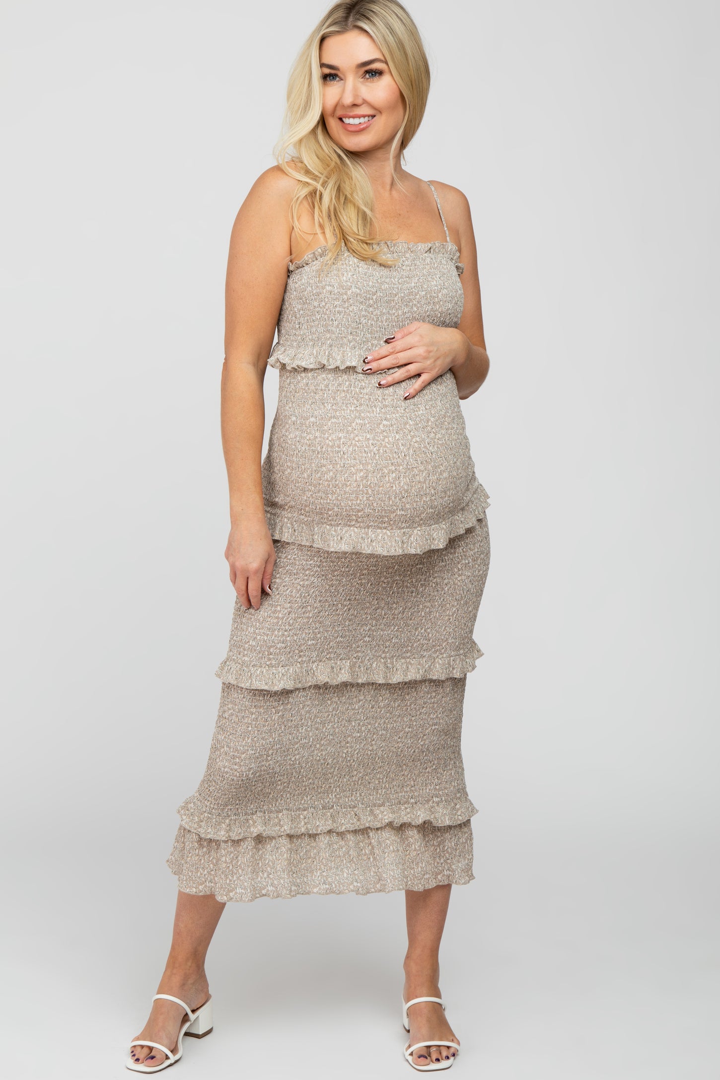 Taupe Leaf Print Smocked Fitted Maternity Midi Dress PinkBlush Taupe Leaf Print Smocked Fitted Maternity Midi Dress PinkBlush