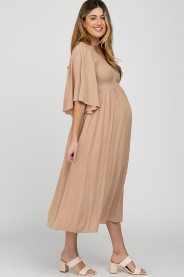 Taupe Smocked Front Ruffle Sleeve Maternity Midi Dress
