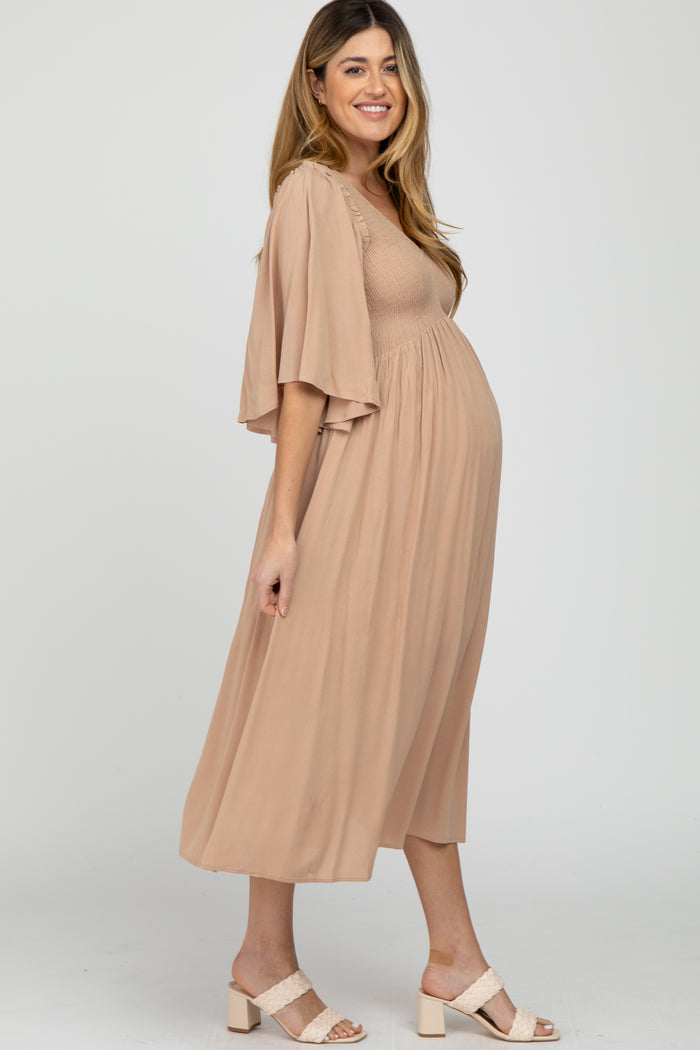 Taupe Smocked Front Ruffle Sleeve Maternity Midi Dress