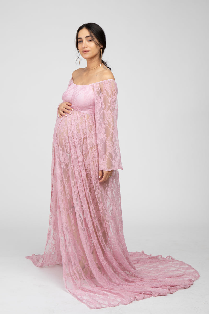 Pink Lace Off Shoulder Maternity Photoshoot Gown/Dress – PinkBlush
