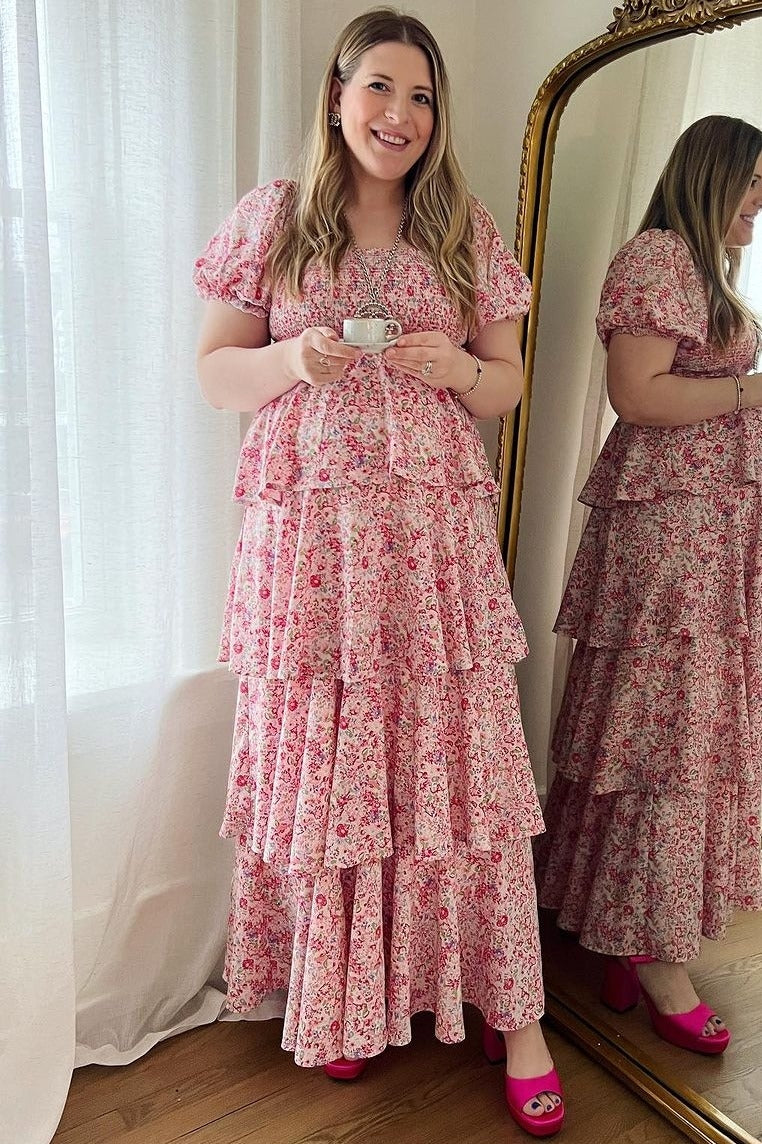 PinkBlush Pink Floral Square Neck Ruffle Layered Maternity Maxi Dress PinkBlush Pink Floral Square Neck Ruffle Layered Maternity Maxi Dress