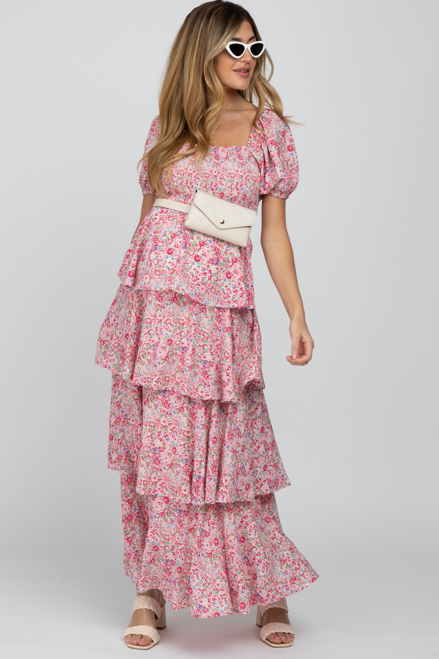 PinkBlush Pink Floral Square Neck Ruffle Layered Maternity Maxi Dress PinkBlush Pink Floral Square Neck Ruffle Layered Maternity Maxi Dress