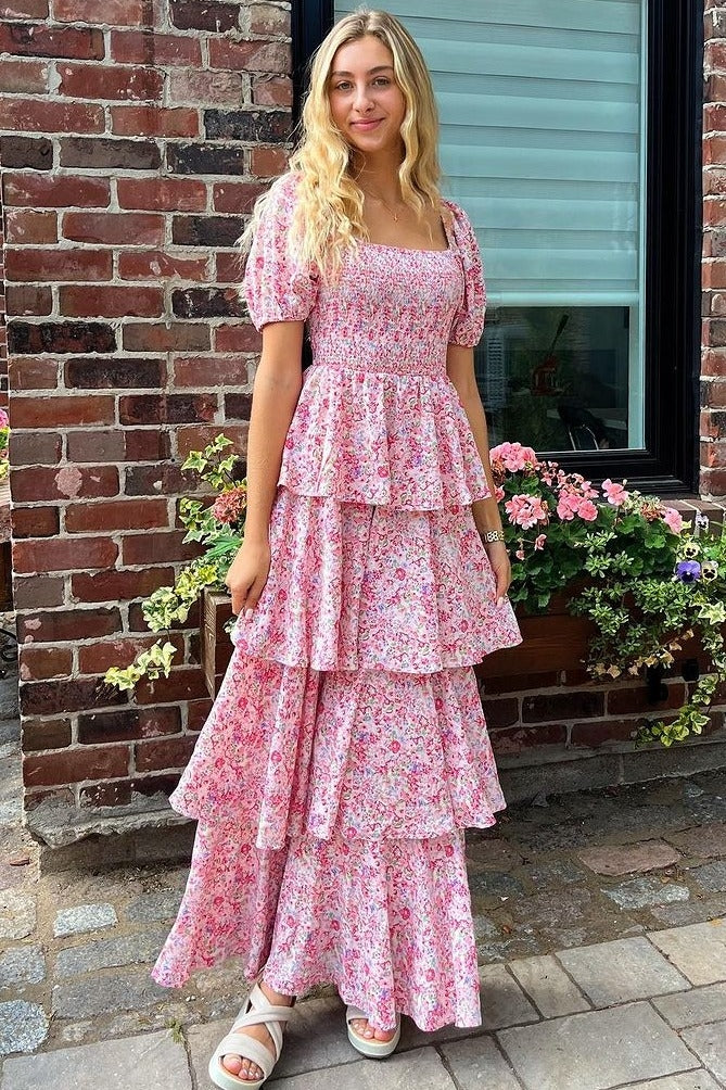 Pink Floral Square Neck Ruffle Layered Maxi Dress