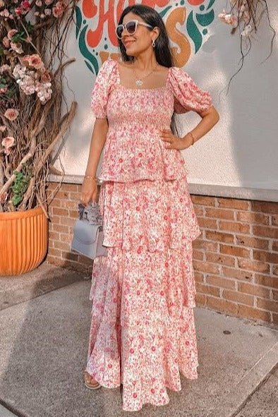 PinkBlush Pink Floral Square Neck Ruffle Layered Maternity Maxi Dress PinkBlush Pink Floral Square Neck Ruffle Layered Maternity Maxi Dress