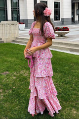 Pink Floral Square Neck Ruffle Layered Maxi Dress