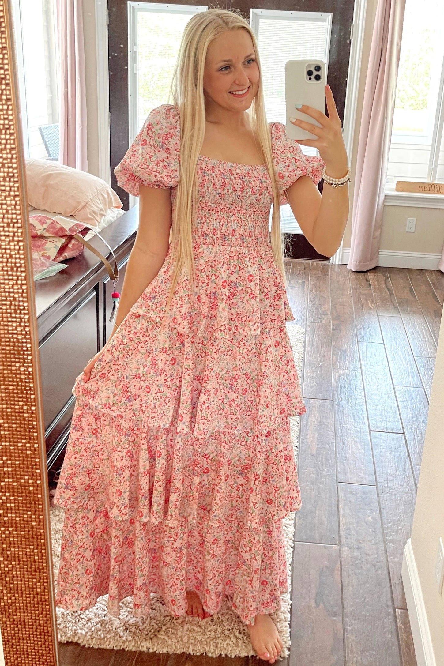 Pink Floral Square Neck Ruffle Layered Maxi Dress – PinkBlush