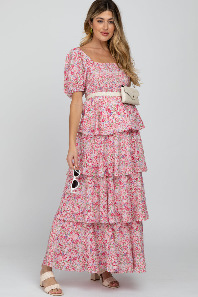 Pinkblush Pink Floral Square Neck Ruffle Layered Maternity Maxi Dress
