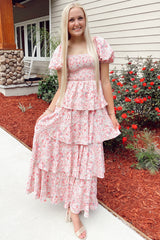 Pink Floral Square Neck Ruffle Layered Maxi Dress