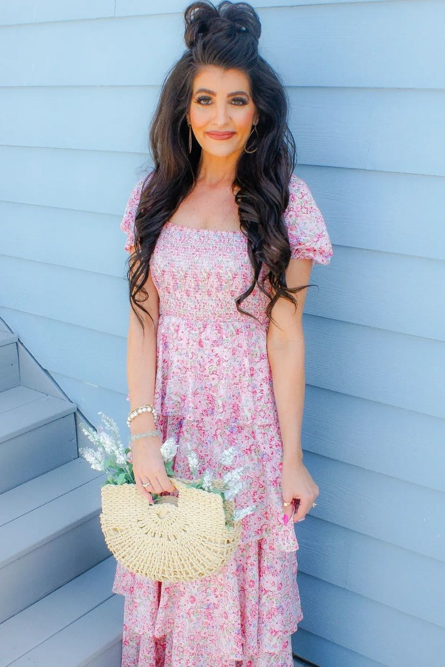 Pink Floral Square Neck Ruffle Layered Maxi Dress – PinkBlush