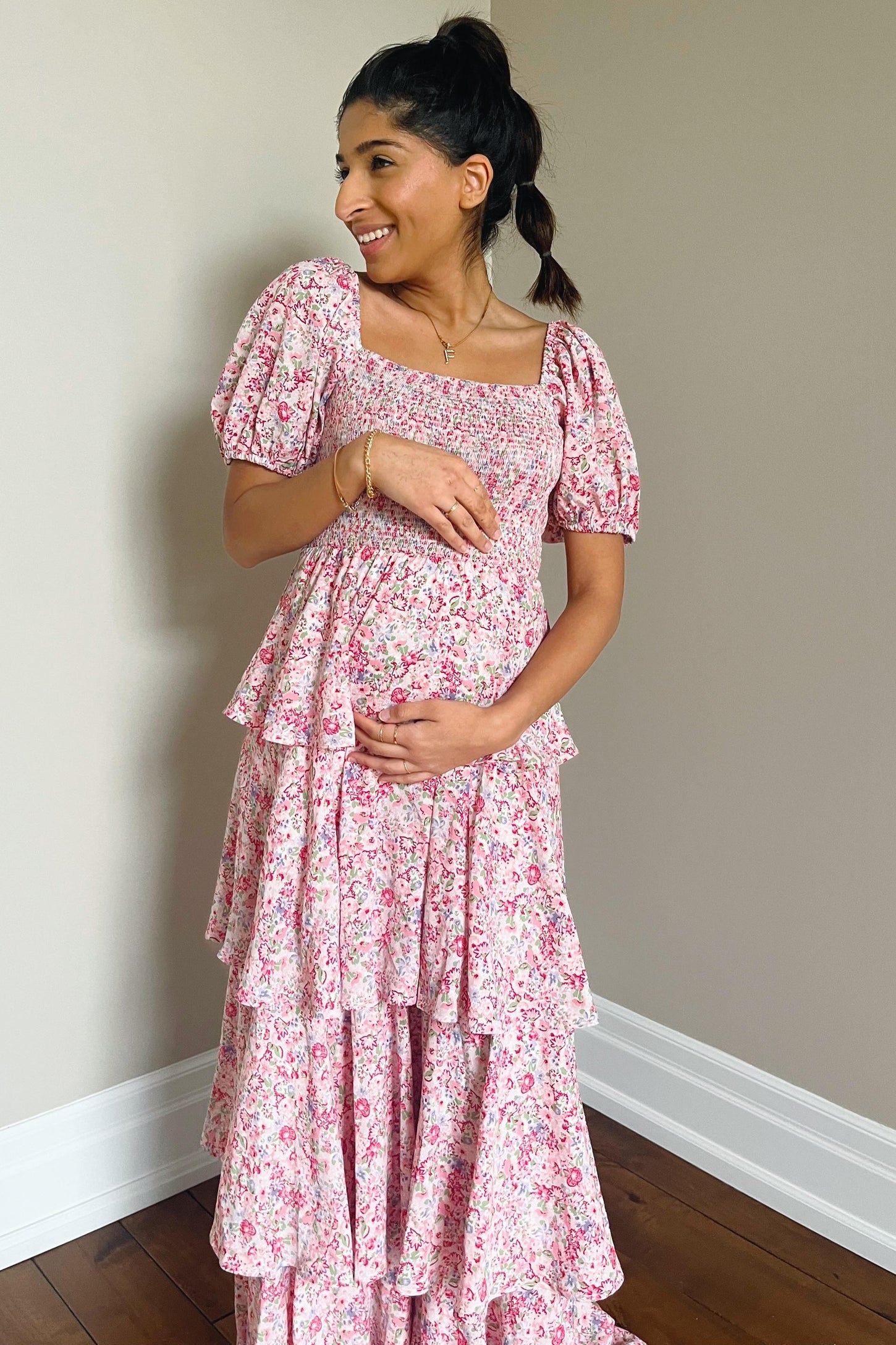 PinkBlush Pink Floral Square Neck Ruffle Layered Maternity Maxi Dress