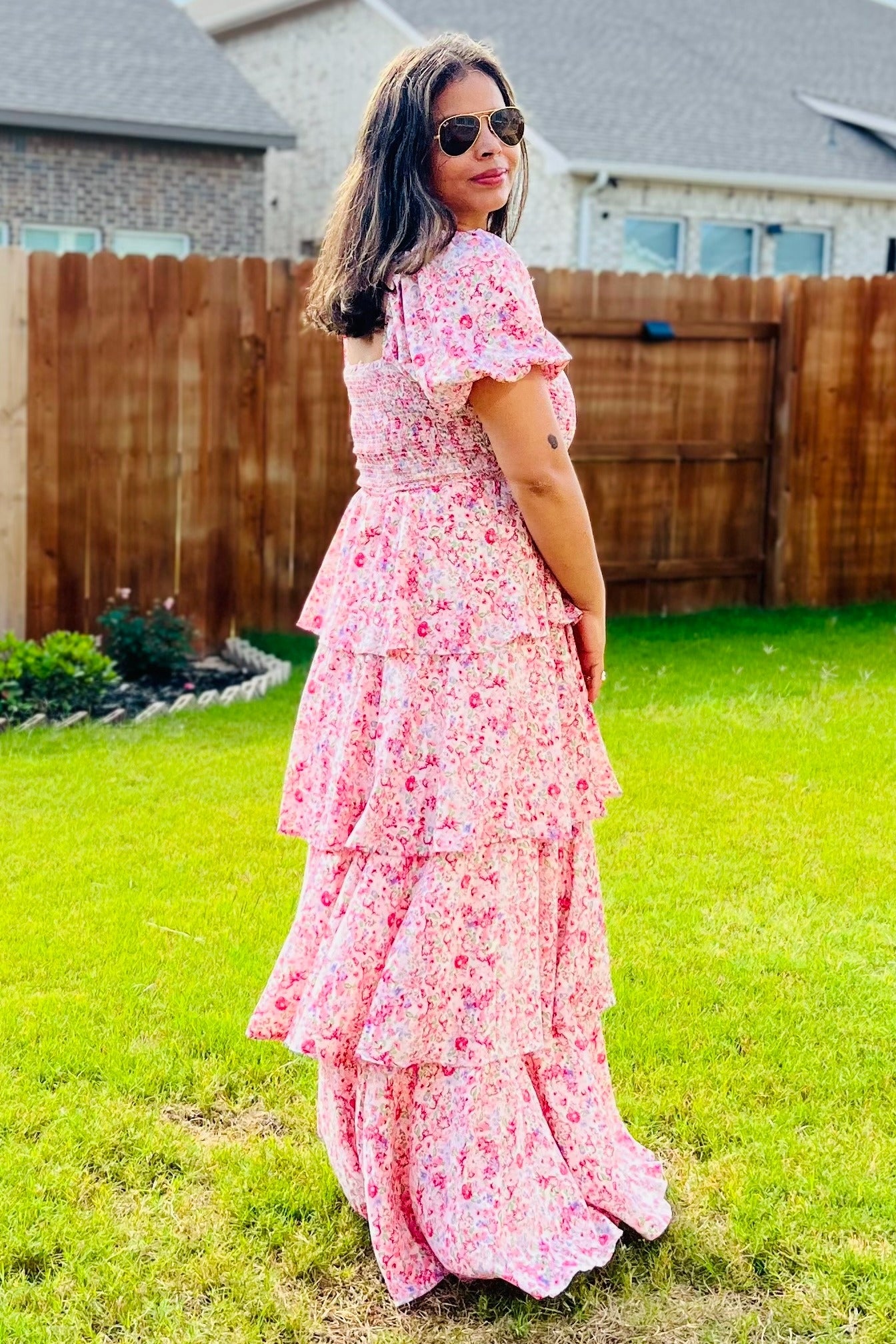 Pink Floral Square Neck Ruffle Layered Maxi Dress