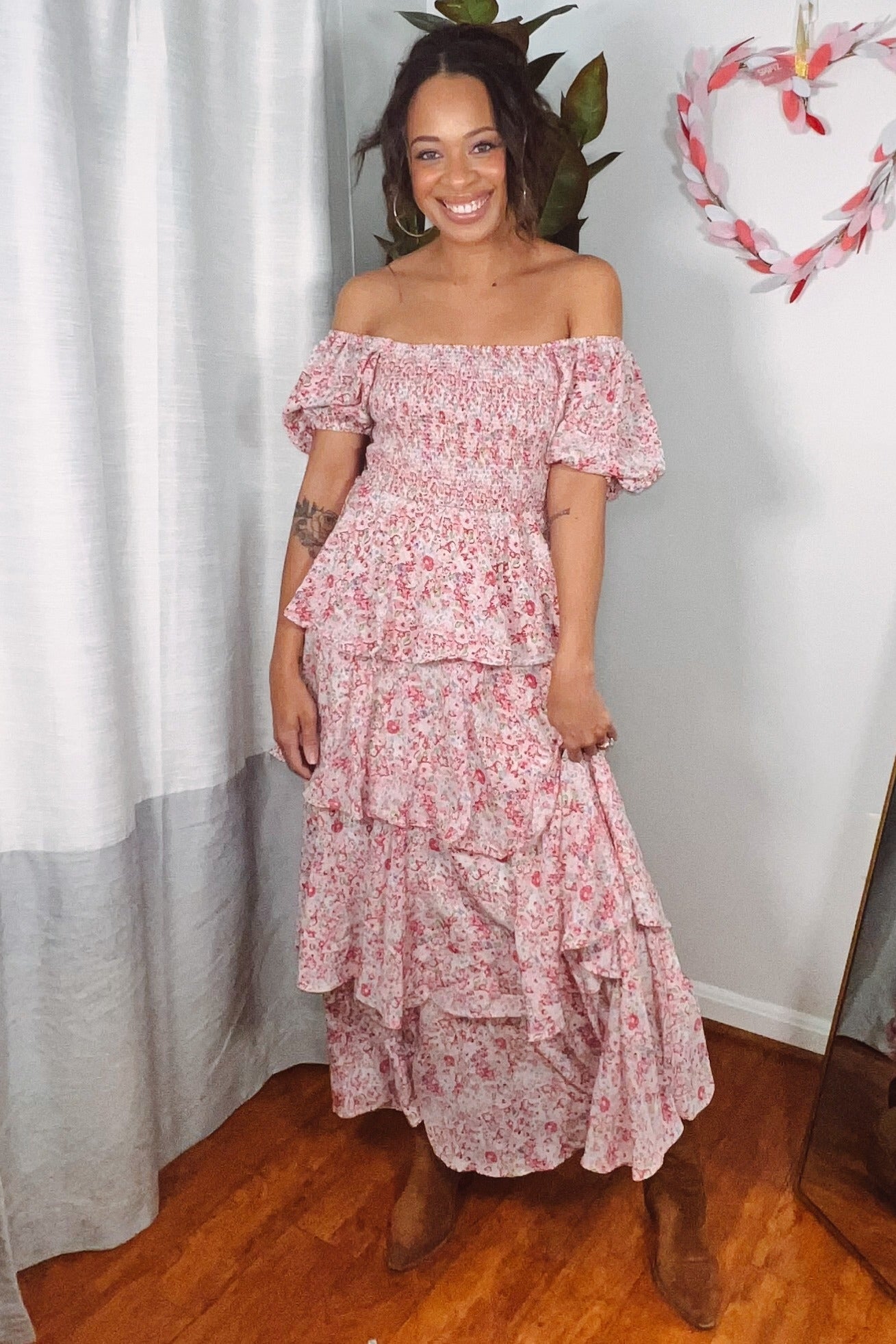 Pink Floral Square Neck Ruffle Layered Maxi Dress – PinkBlush