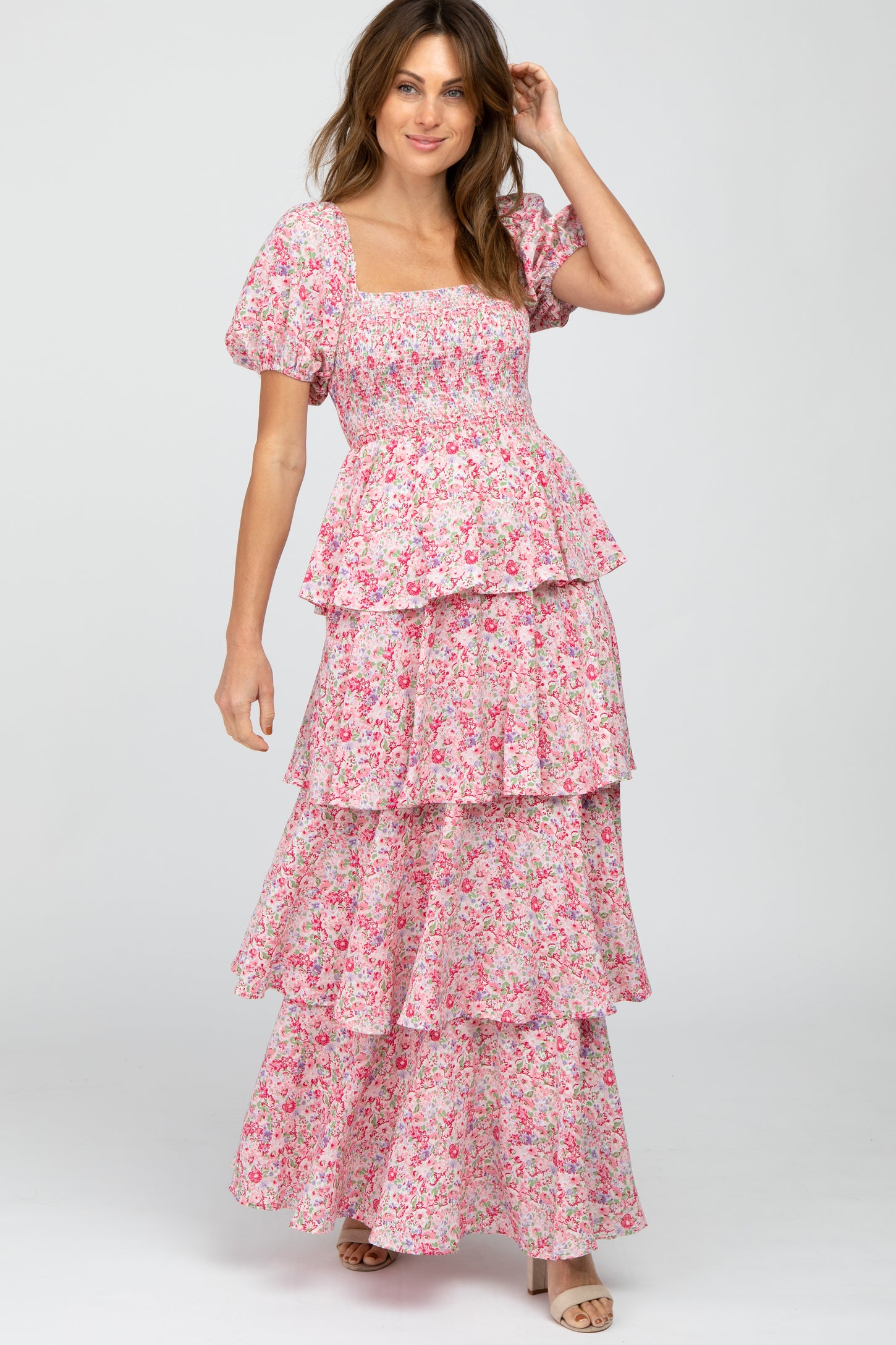 PinkBlush Pink Floral Square Neck Ruffle Layered Maternity Maxi Dress PinkBlush Pink Floral Square Neck Ruffle Layered Maternity Maxi Dress
