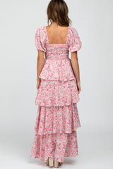Pink Floral Square Neck Ruffle Layered Maxi Dress