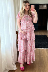 Pink Floral Square Neck Ruffle Layered Maternity Maxi Dress