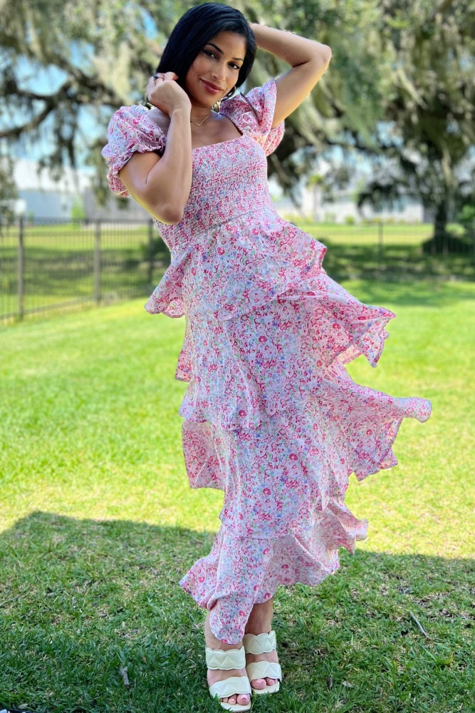 Pink Floral Square Neck Ruffle Layered Maxi Dress