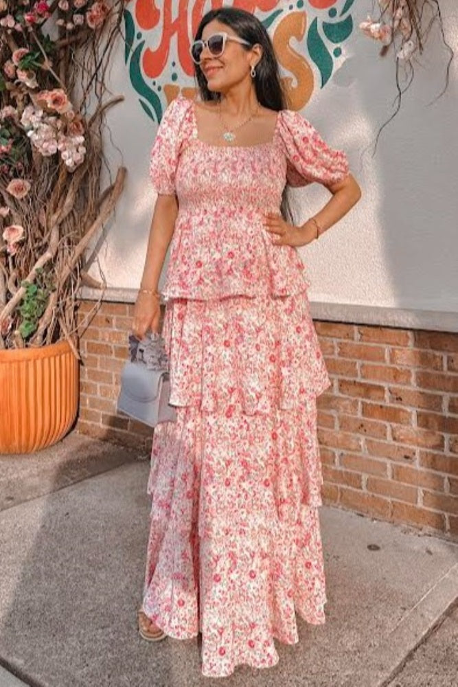 Pink Floral Square Neck Ruffle Layered Maxi Dress