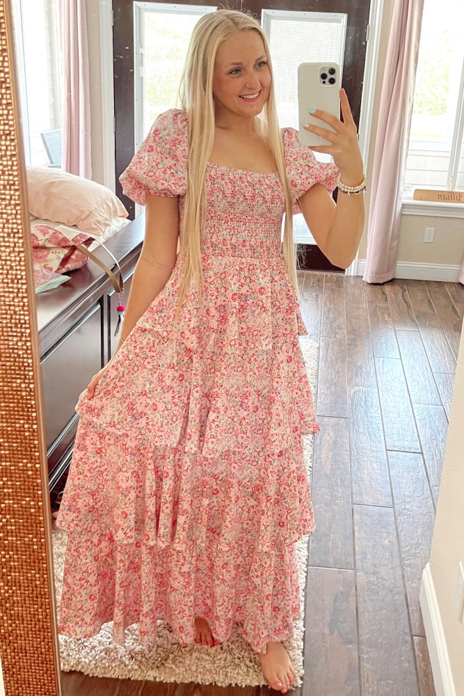 Pink Floral Square Neck Ruffle Layered Maxi Dress