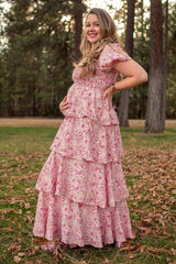 Pink Floral Square Neck Ruffle Layered Maternity Maxi Dress