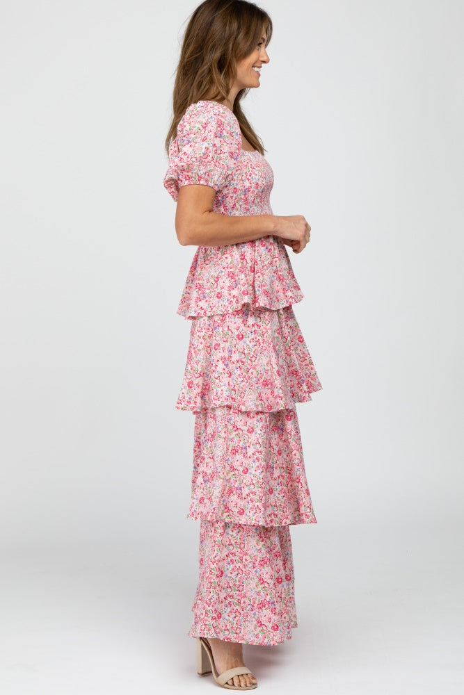 Pink Floral Square Neck Ruffle Layered Maxi Dress
