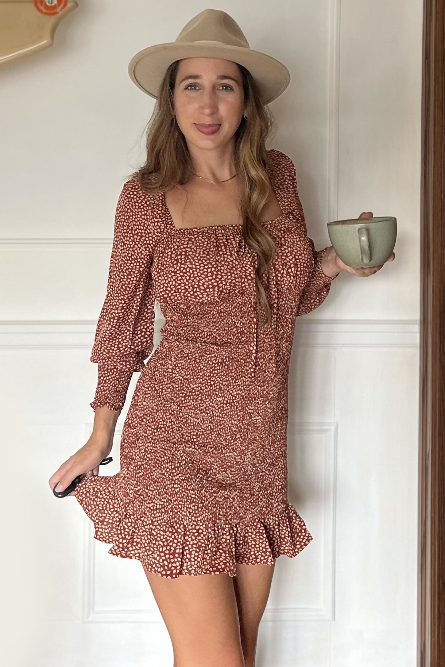 Rust Leaf Print Smocked Dress