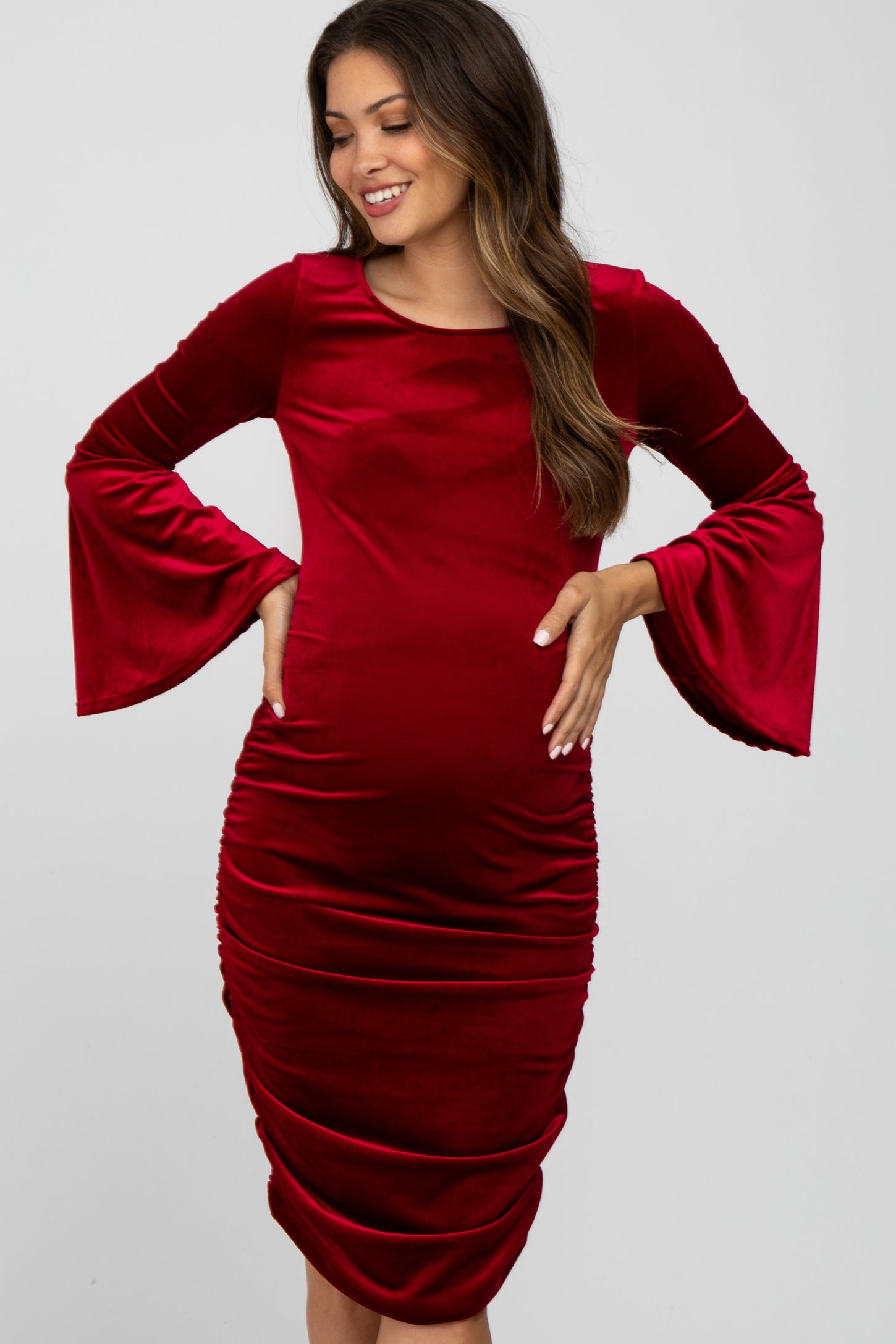 maternity dresses for xmas party Red Velvet Ruched Bell Sleeve Maternity Dress – PinkBlush