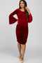 Red Velvet Ruched Bell Sleeve Maternity Dress