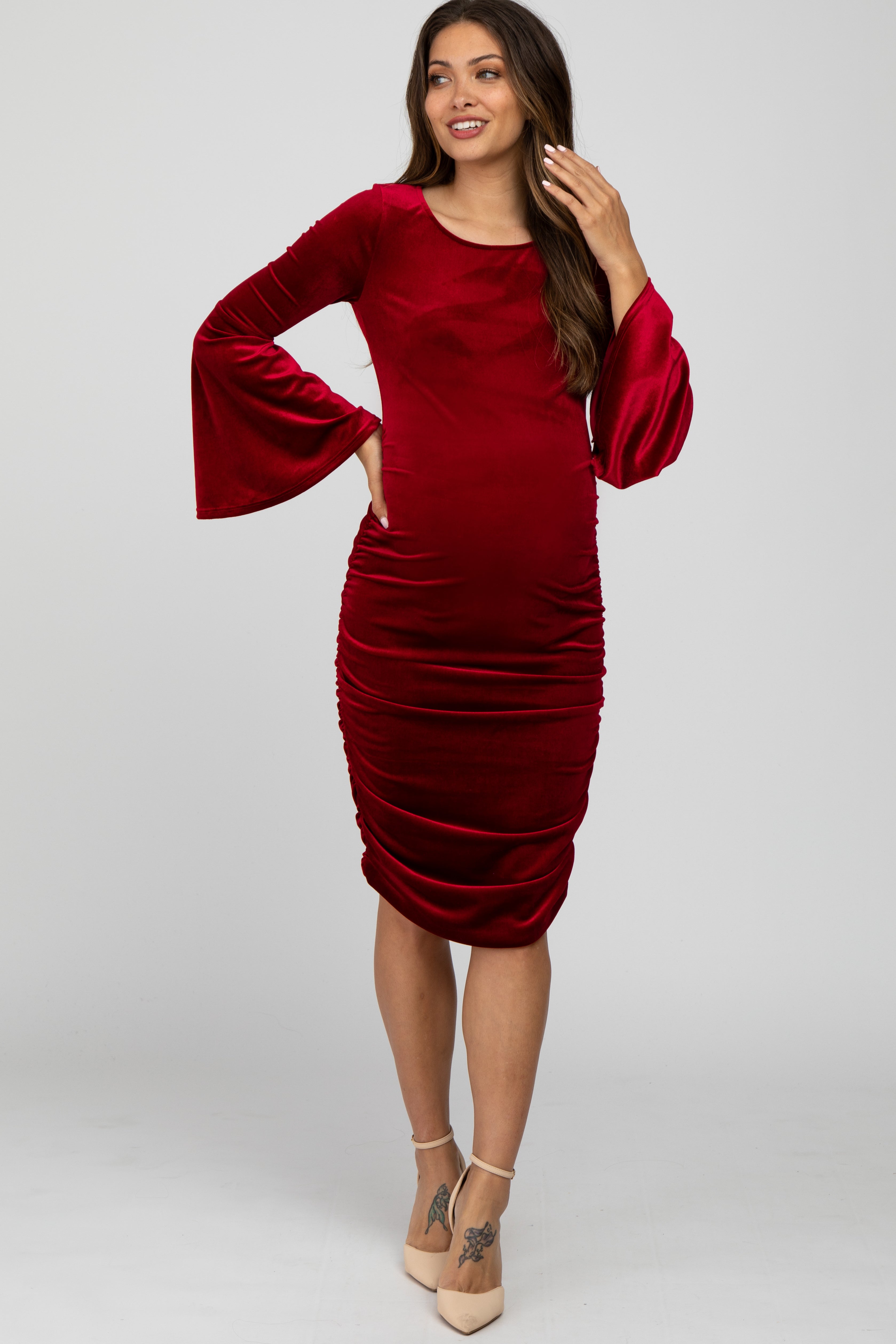 Red Velvet Ruched Bell Sleeve Maternity Dress  PinkBlush